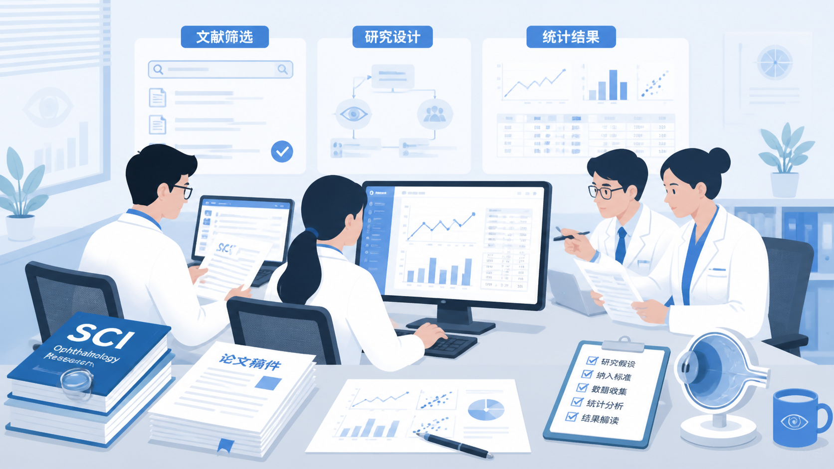 眼科科研团队在电脑前筛选期刊、核对研究设计与统计结果的场景，旁边可放SCI期刊封面和数据图表