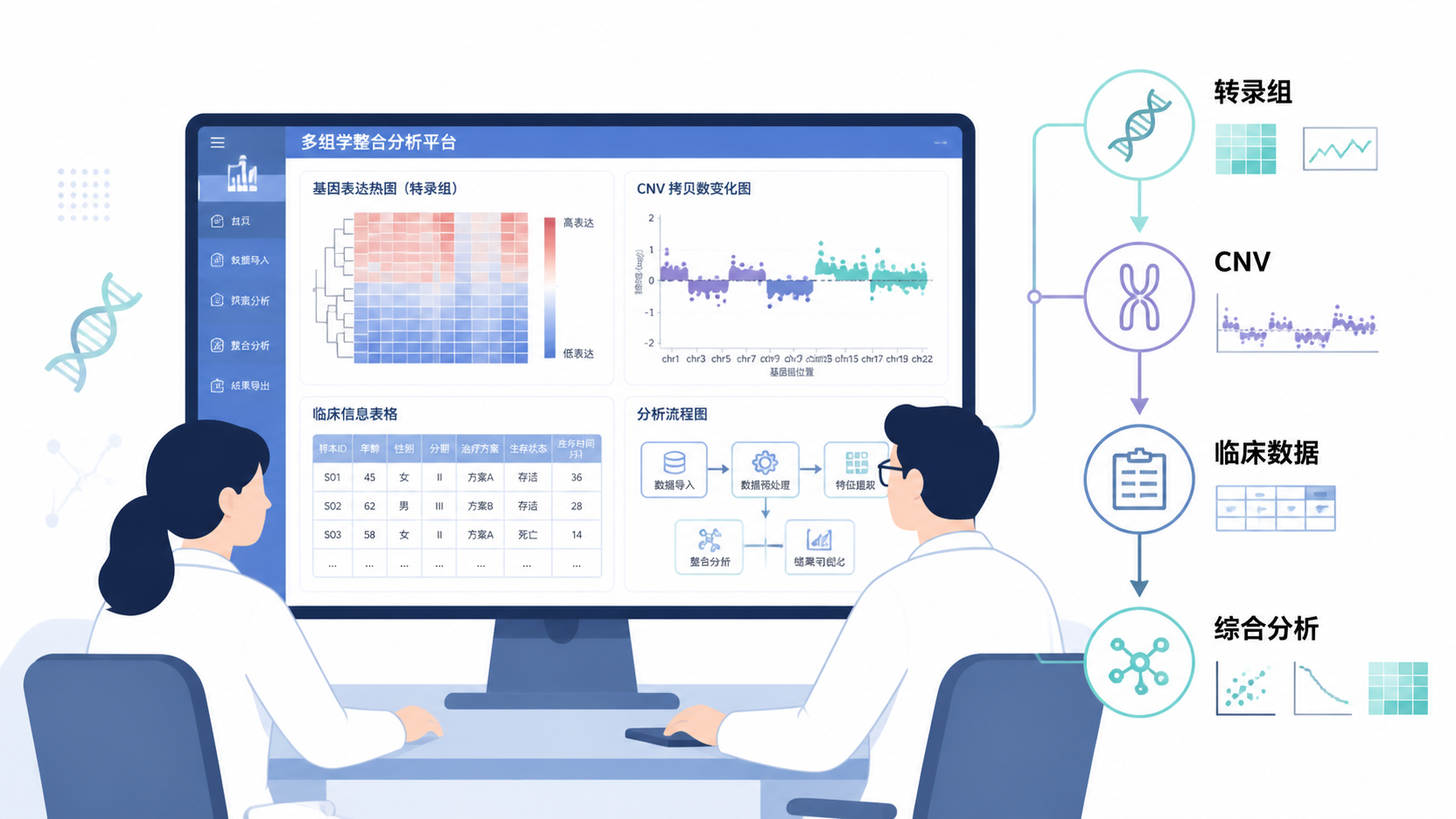 科研人员在电脑前整合转录组、CNV和临床数据，旁边显示基因组热图与分析流程图