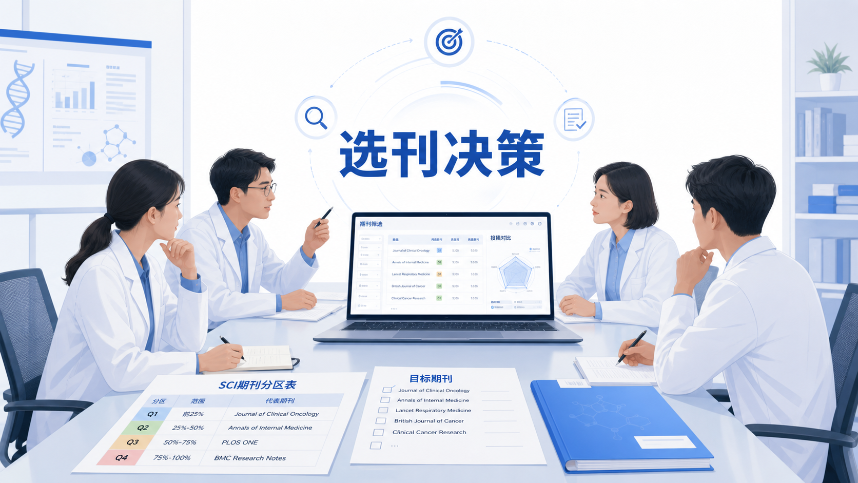 科研人员在会议桌前讨论投稿策略，旁边有SCI期刊分区表、目标期刊清单和电脑屏幕，突出“选刊决策”主题。