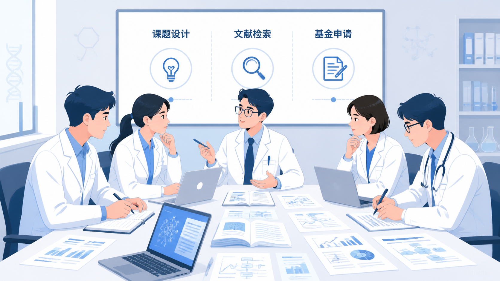 医学生和科研人员围绕课题设计图、文献和基金申请书讨论，桌面有笔记本电脑、论文和实验数据图表。