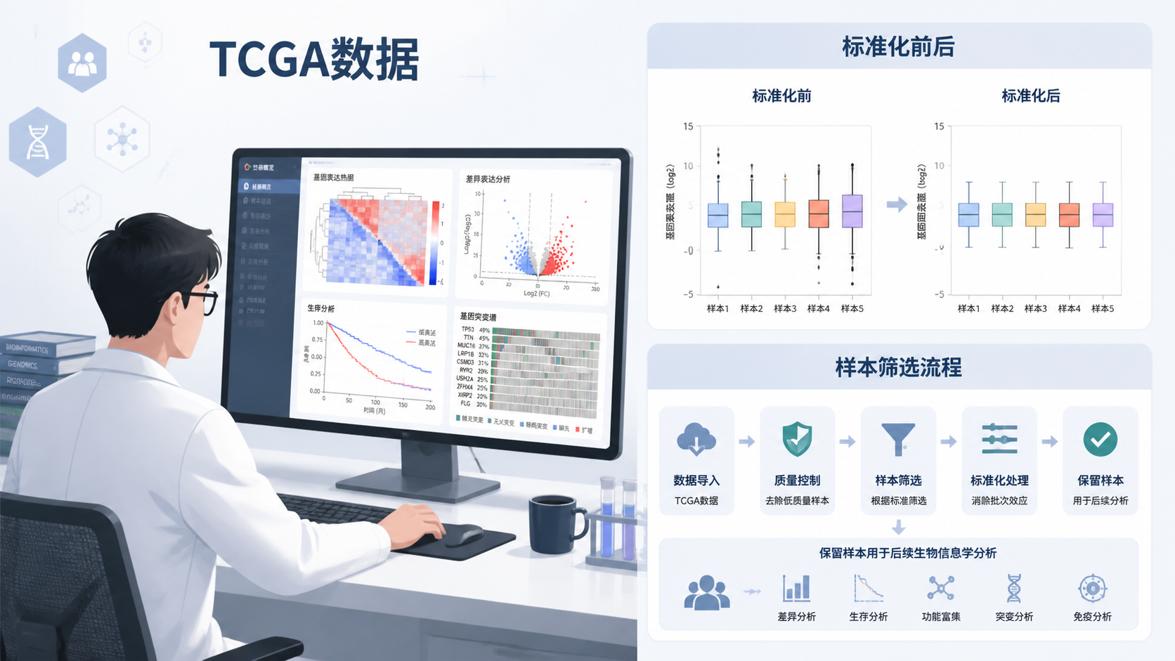 科研人员在电脑前处理TCGA数据，旁边展示标准化前后箱线图对比和样本筛选流程的专业场景图