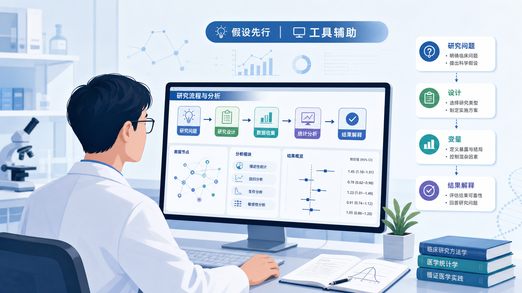 临床研究者在电脑前查看统计流程图，旁边标注研究问题、设计、变量和结果解释，突出“假设先行、工具辅助”的收尾画面。