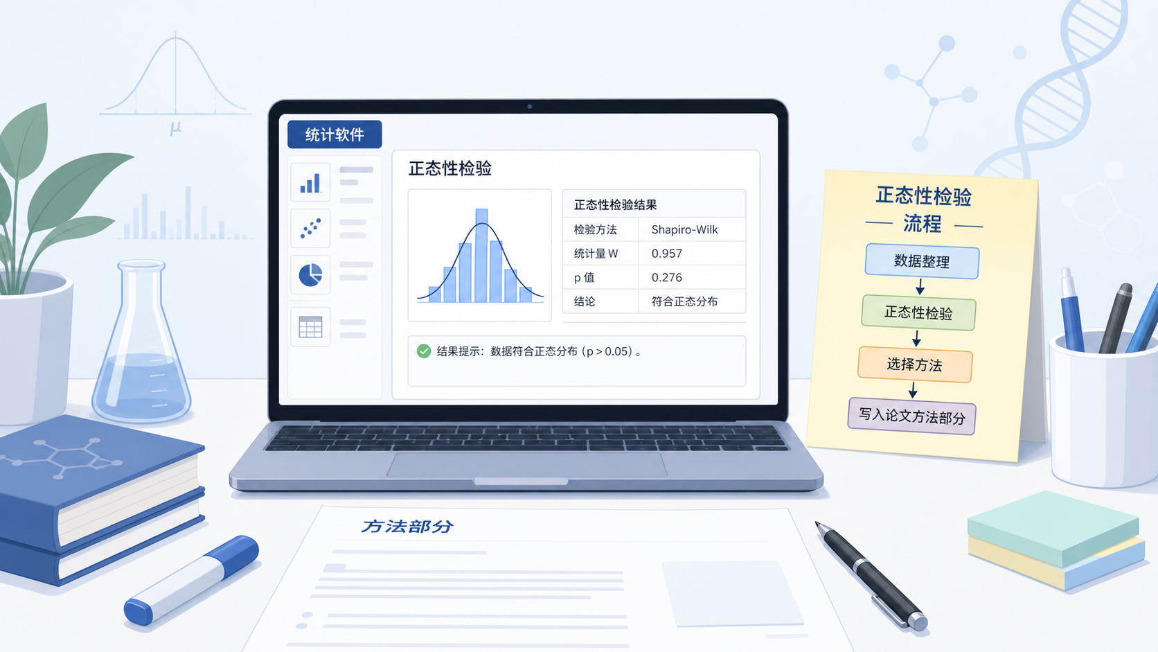 一张整洁的科研工作台，包含统计软件界面、正态性检验流程图和论文方法部分草稿，体现从判断到写作的一体化支持。