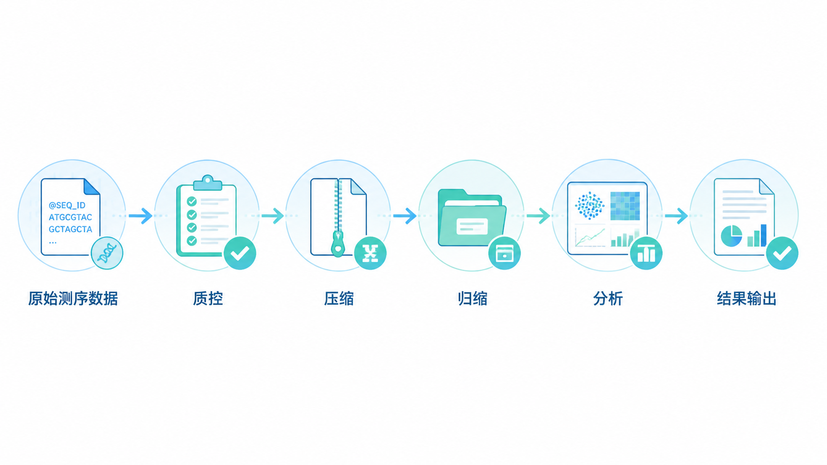 一张简洁的生物信息学流程图，展示原始测序数据经过质控、压缩、归档、分析到结果输出的完整链路，突出高效管理与科研转化。