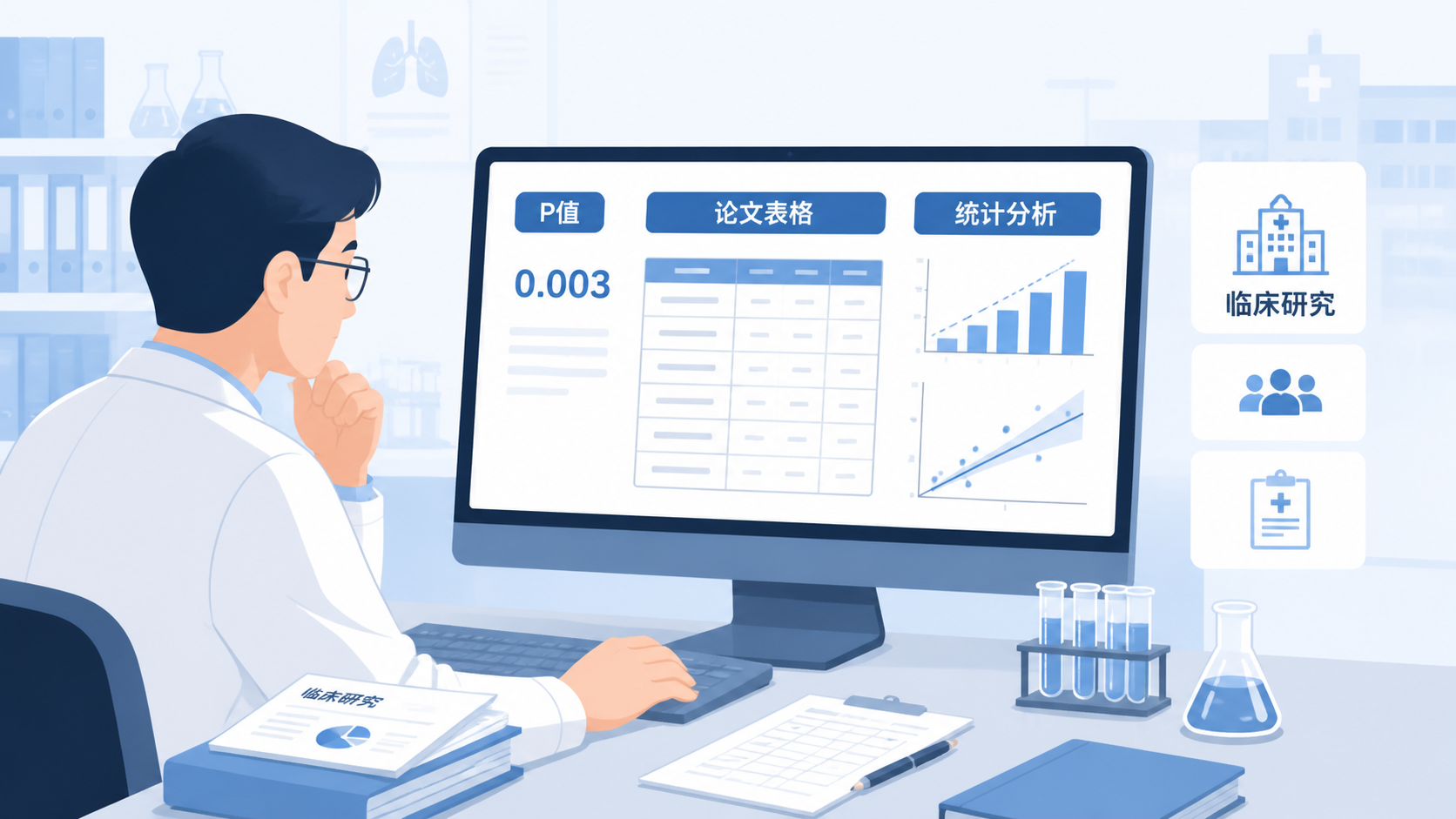 医学生在电脑前查看统计分析结果，屏幕上显示P值和论文表格，旁边有实验数据与临床研究场景。