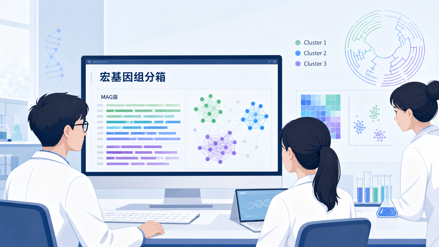 实验室场景中,研究人员在电脑前查看宏基因组分箱结果、不同颜色代表不同MAG簇的可视化图示