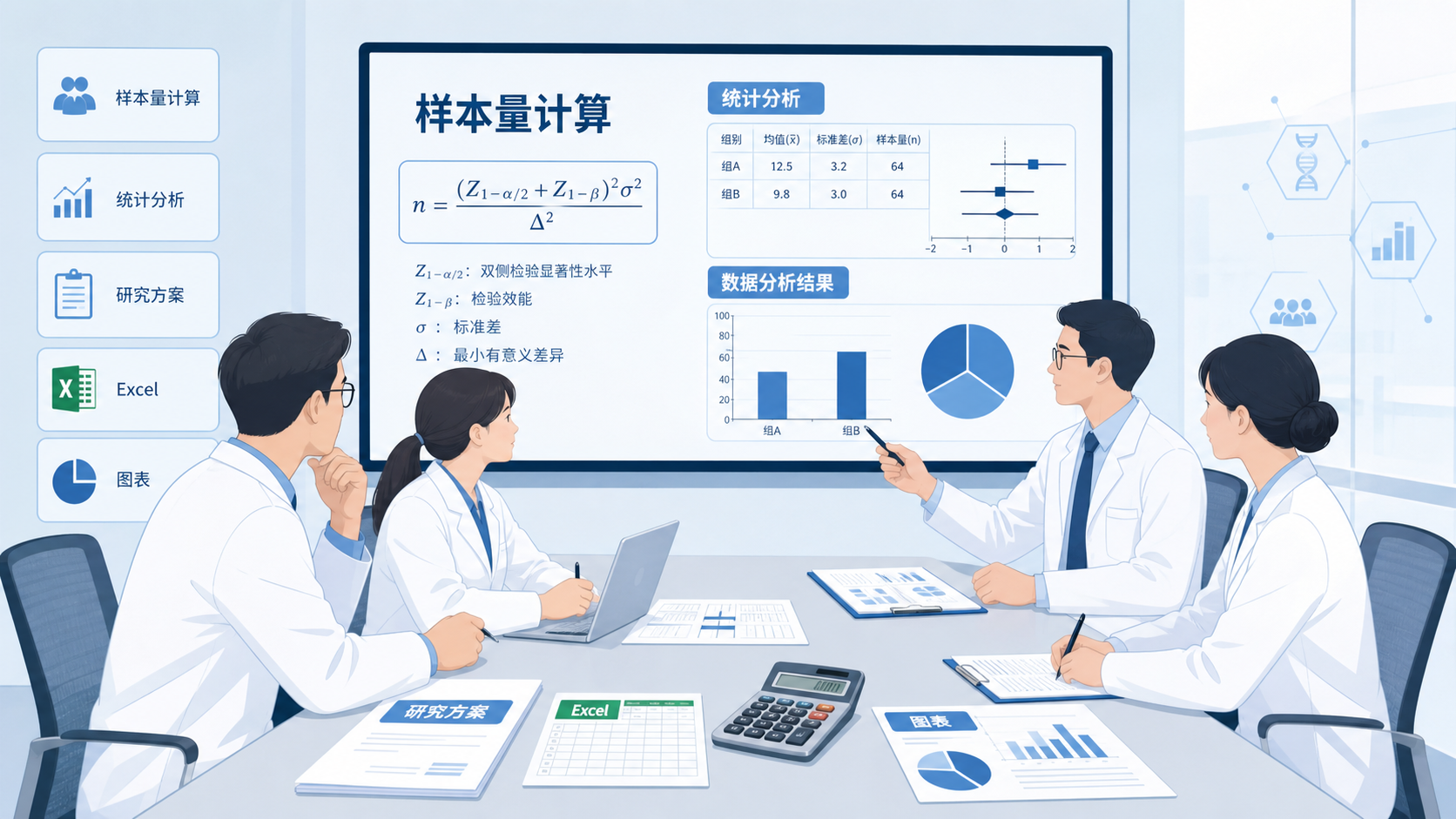临床研究团队在会议桌前讨论样本量计算，旁边有统计图表、Excel表格和研究方案文件。