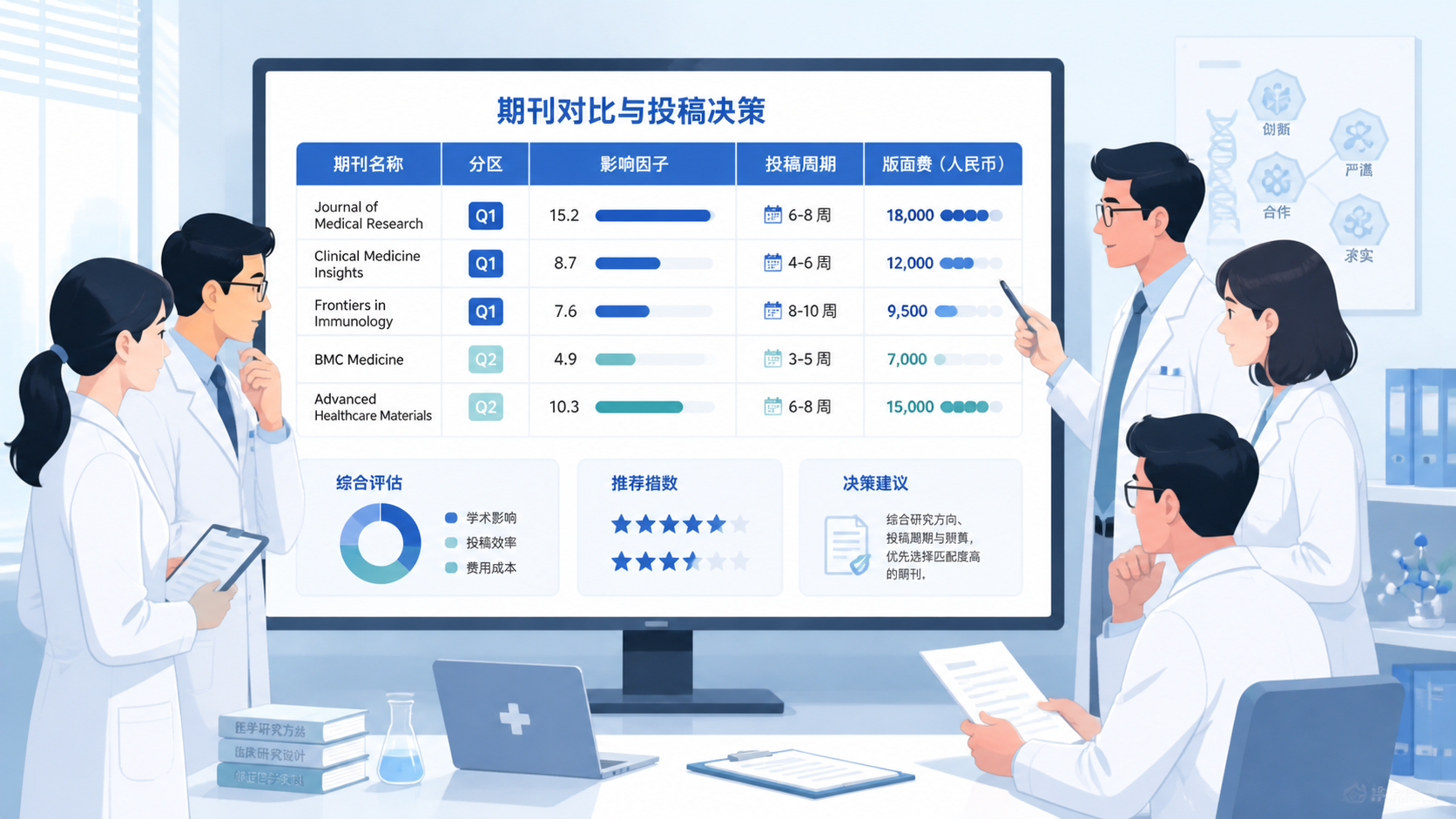 医学科研团队围绕电脑屏幕讨论期刊列表，画面包含分区、影响因子、投稿周期和版面费对比表。
