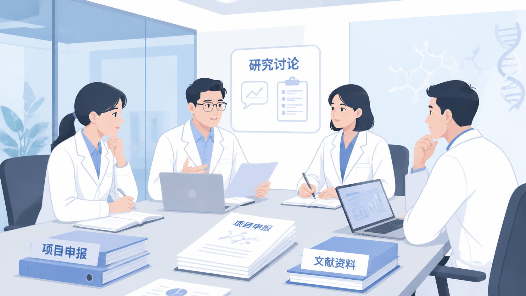 高校科研人员在会议室讨论申报书，桌面放着项目申请材料、笔记本电脑和文献资料，画面专业克制。