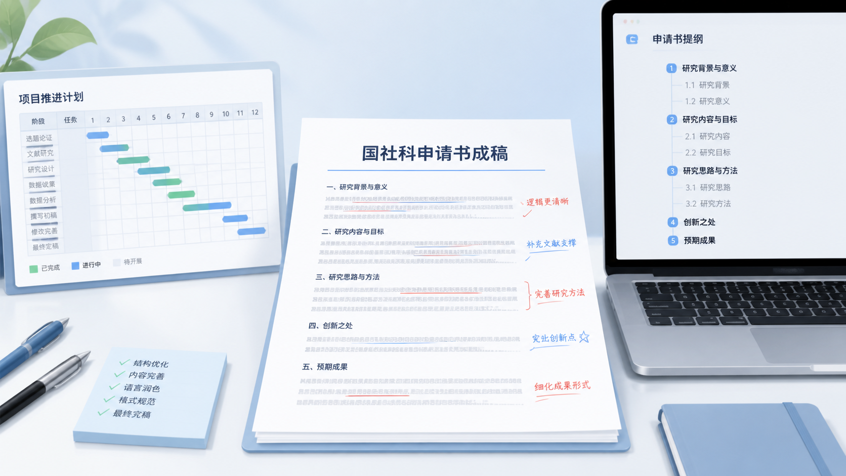 国社科申请书成稿、审阅中的批注、时间进度表与电脑屏幕上的结构化提纲，呈现“最终定稿、专业润色、成功提交”的结果感