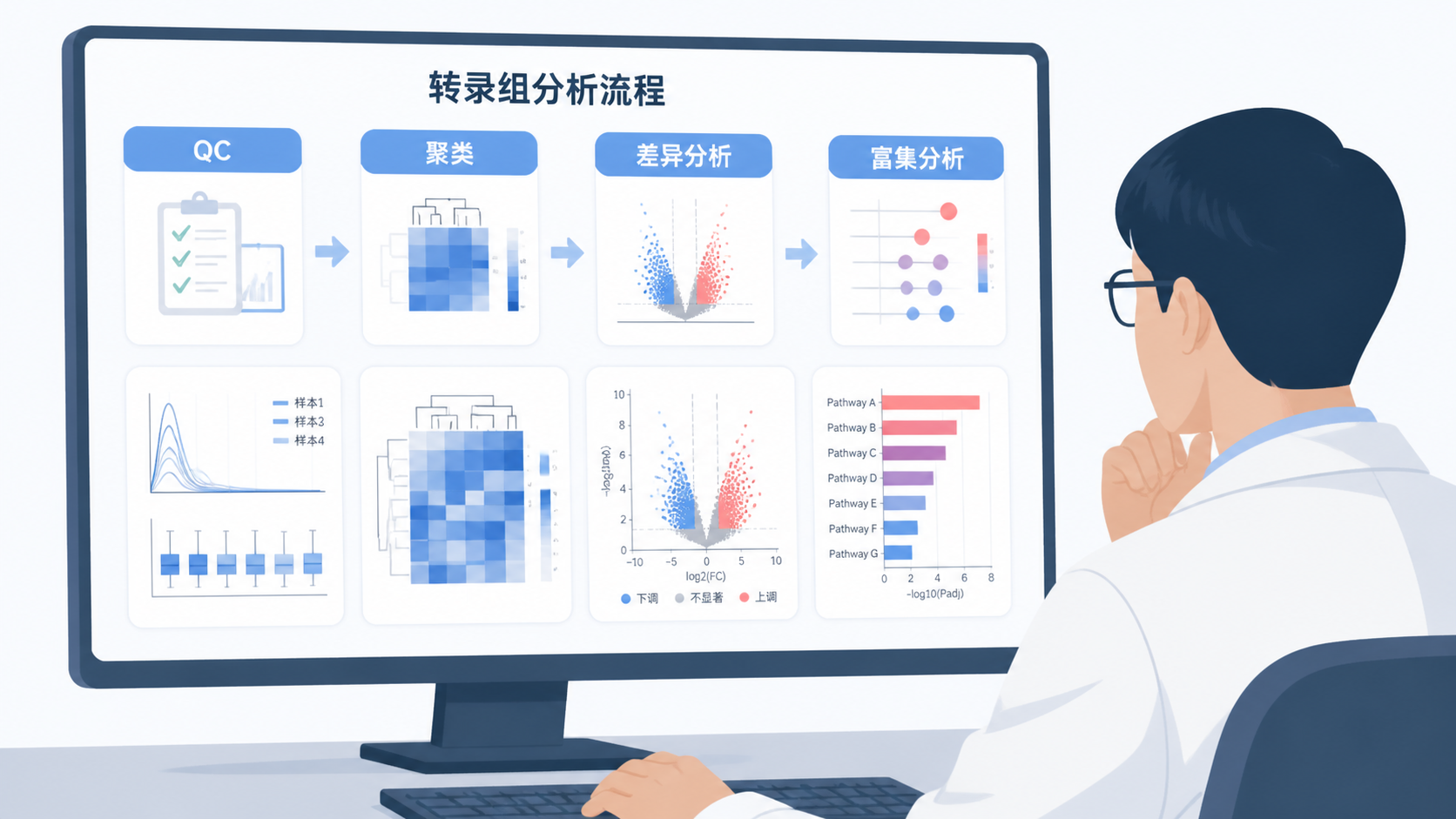 实验人员在电脑前查看转录组表达数据分析流程图，旁边包含QC、聚类、差异分析、富集分析等模块