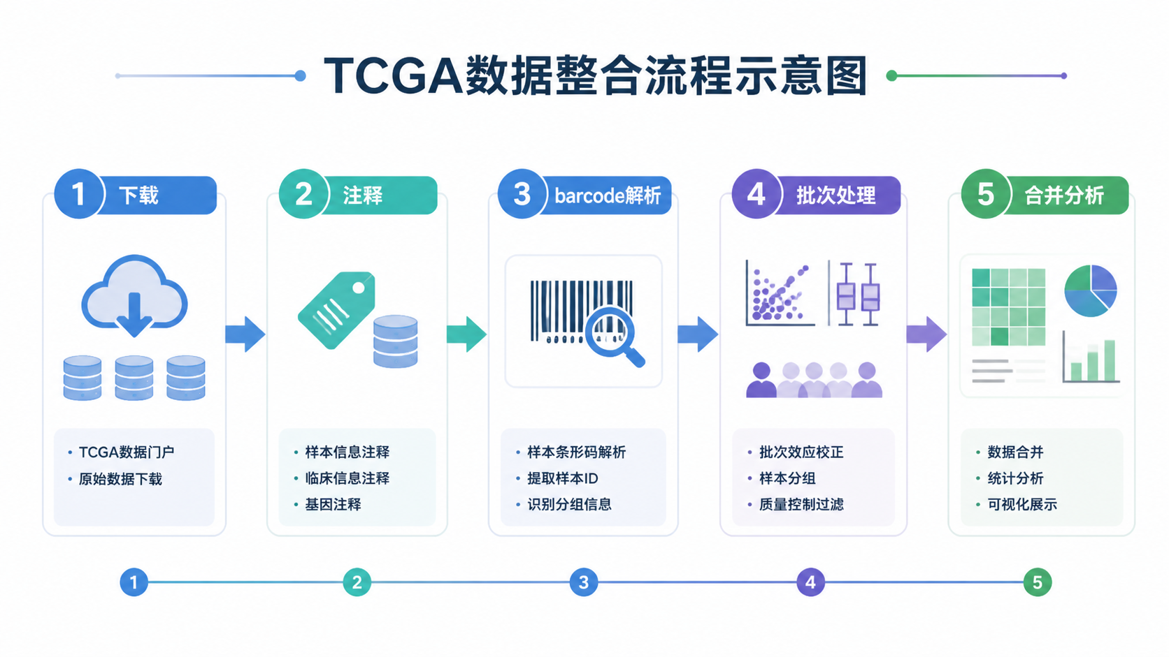TCGA数据整合流程示意图，包含下载、注释、barcode解析、批次处理、合并分析五个环节，适合科研风格扁平图。