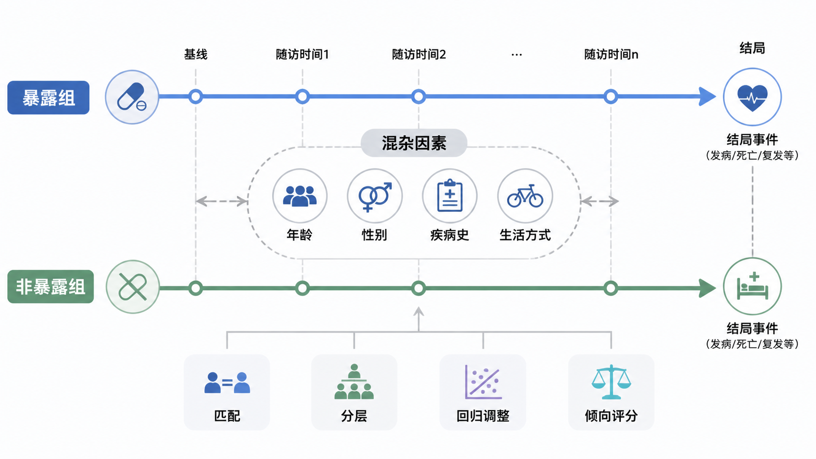 队列研究设计示意图，展示暴露组与非暴露组沿时间轴随访，并标注混杂因素、结局与控制方法。