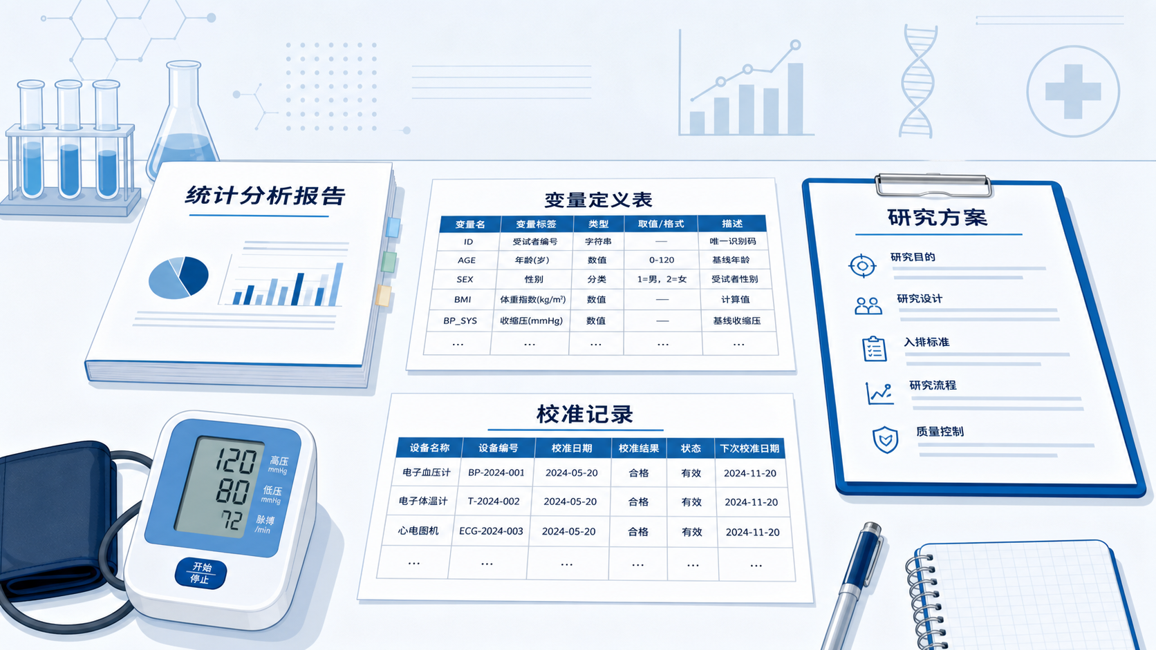 临床研究工作台上摆放着统计分析报告、变量定义表、校准后的测量仪器和研究方案，画面传达“规范设计提升假设验证准确性”