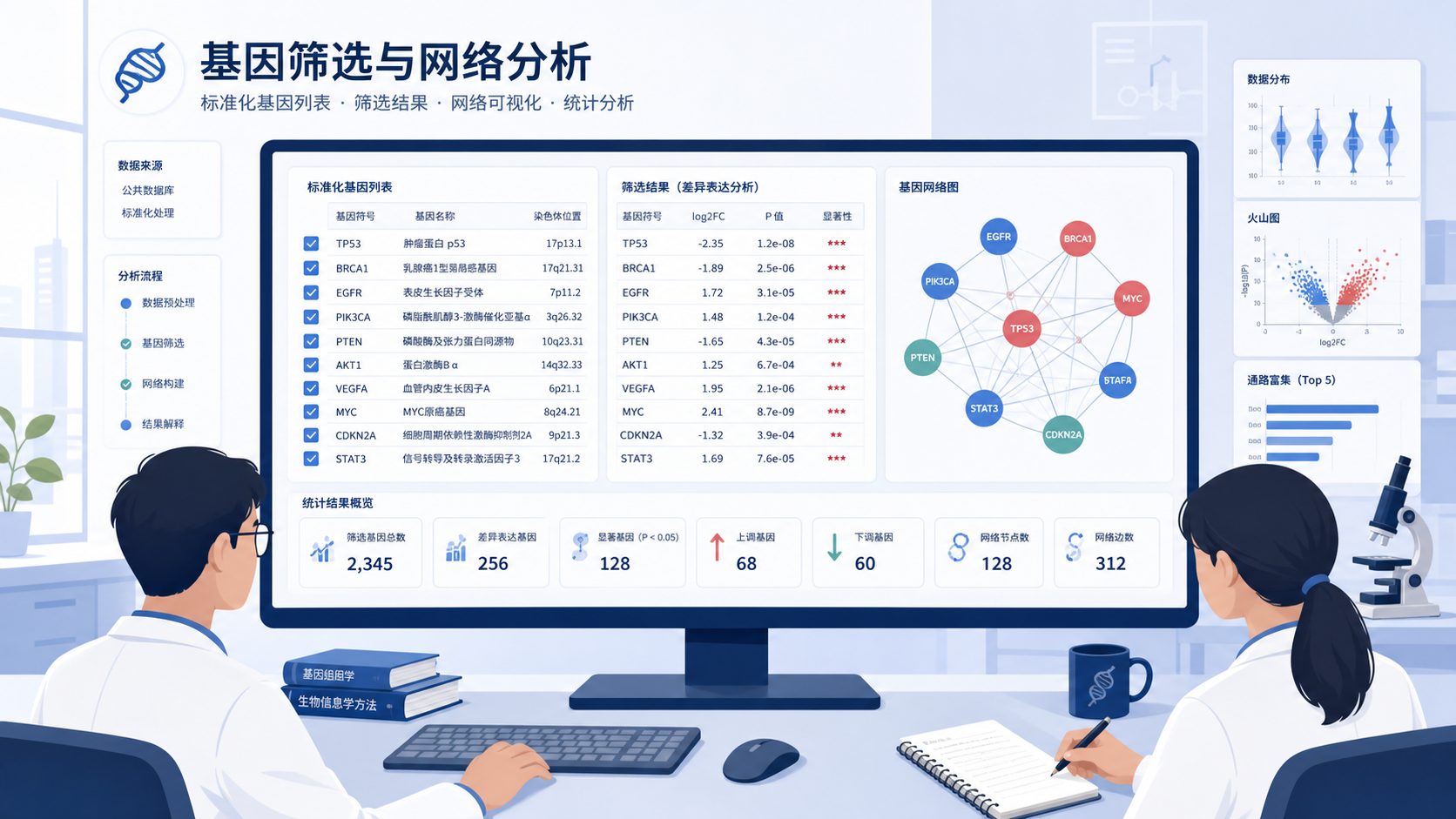 科研人员在电脑前查看标准化后的基因列表、筛选结果和网络图