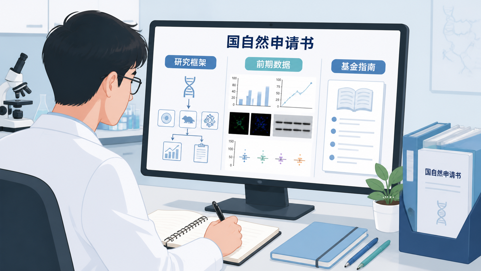 青年科研人员在电脑前修改国自然申请书，屏幕上展示研究框架、前期数据图和基金指南，传达专业申报与精准匹配的场景