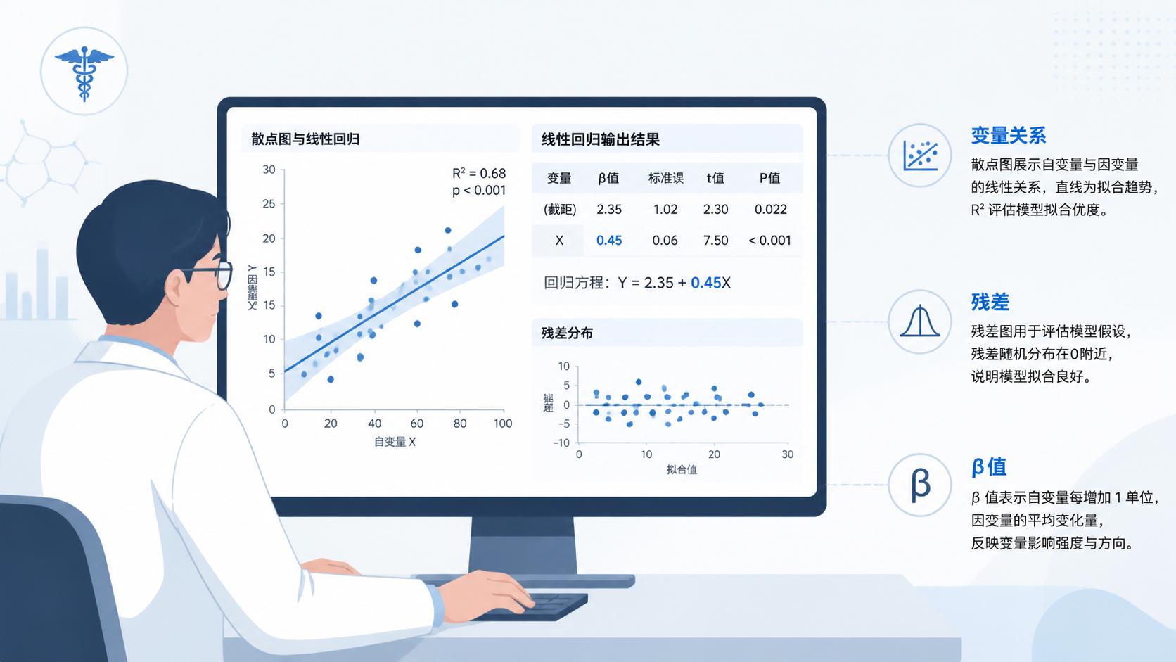 临床研究者在电脑前查看散点图和回归输出结果，旁边标注“变量关系、残差、β值”