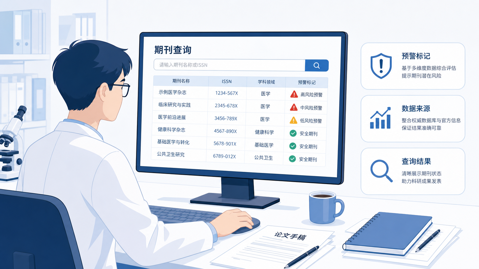 科研人员在电脑前检索期刊名单，屏幕上显示期刊查询与预警标记，桌面放有论文手稿和咖啡杯。