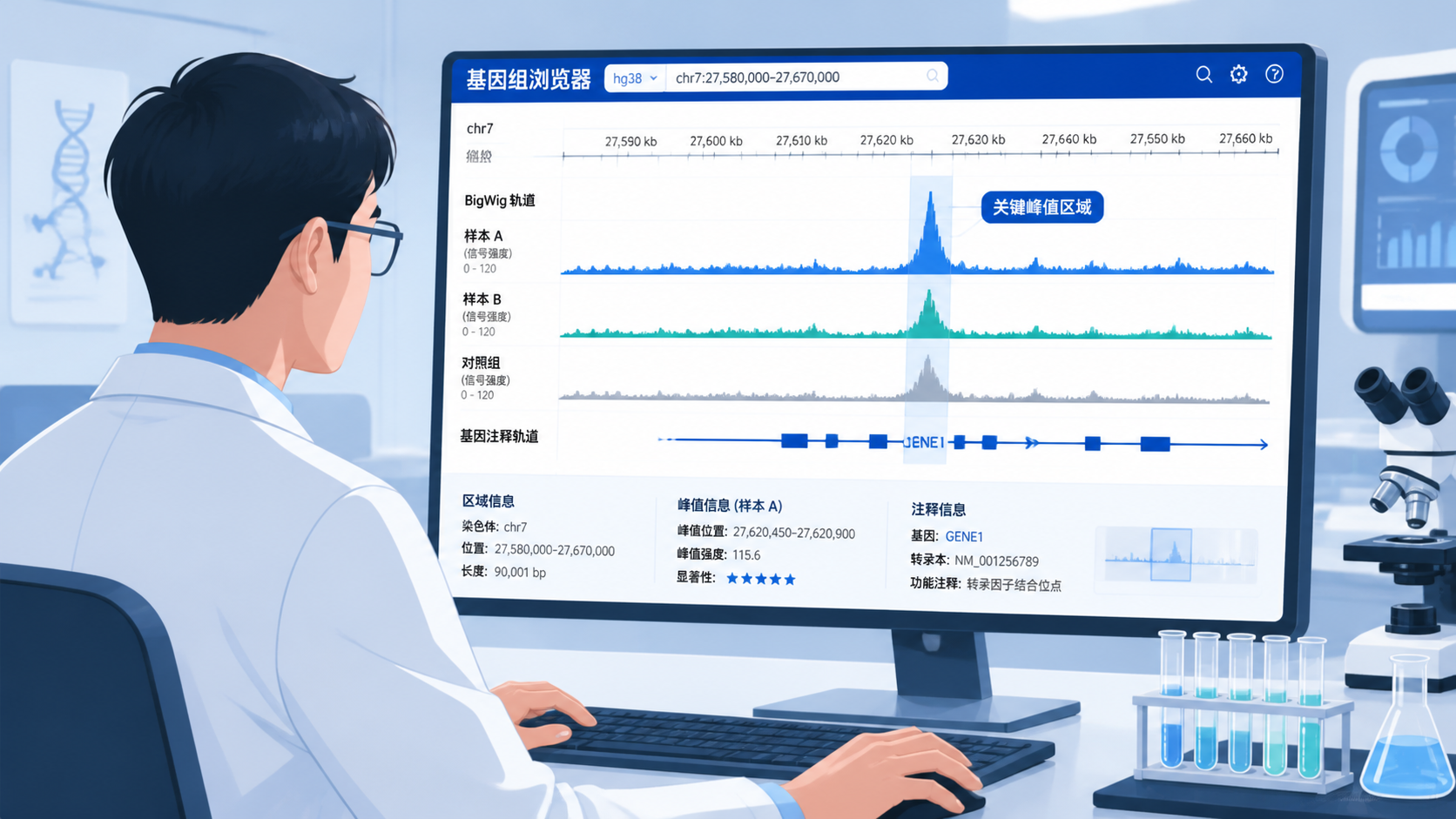 科研人员在电脑前查看基因组浏览器界面，屏幕上显示BigWig轨道、测序信号峰和基因注释轨道，突出数据可视化分析场景