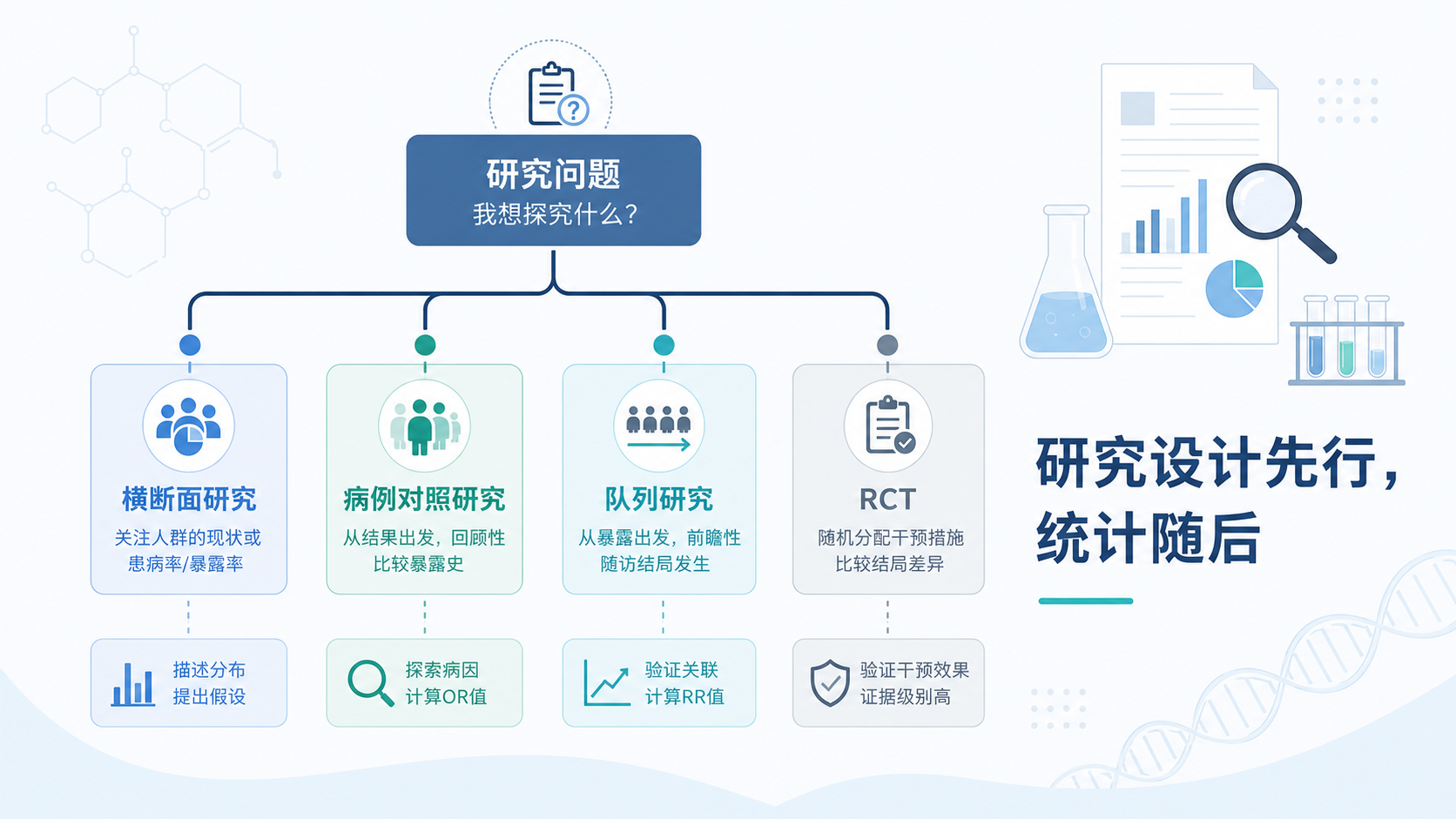 一张清晰的医学研究决策树,分支标注横断面、病例对照、队列、RCT,旁边放着“研究设计先行,统计随后”的提示语