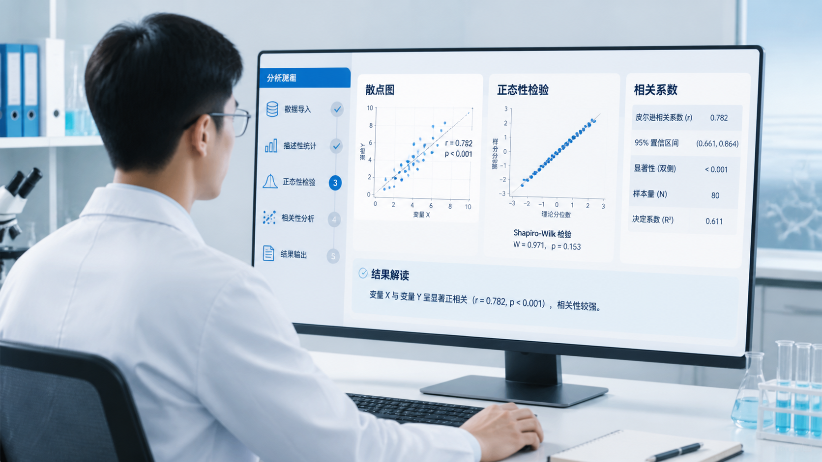科研人员在电脑前查看散点图、正态性检验和相关系数结果的场景，体现“步骤清晰、结果规范”的专业氛围