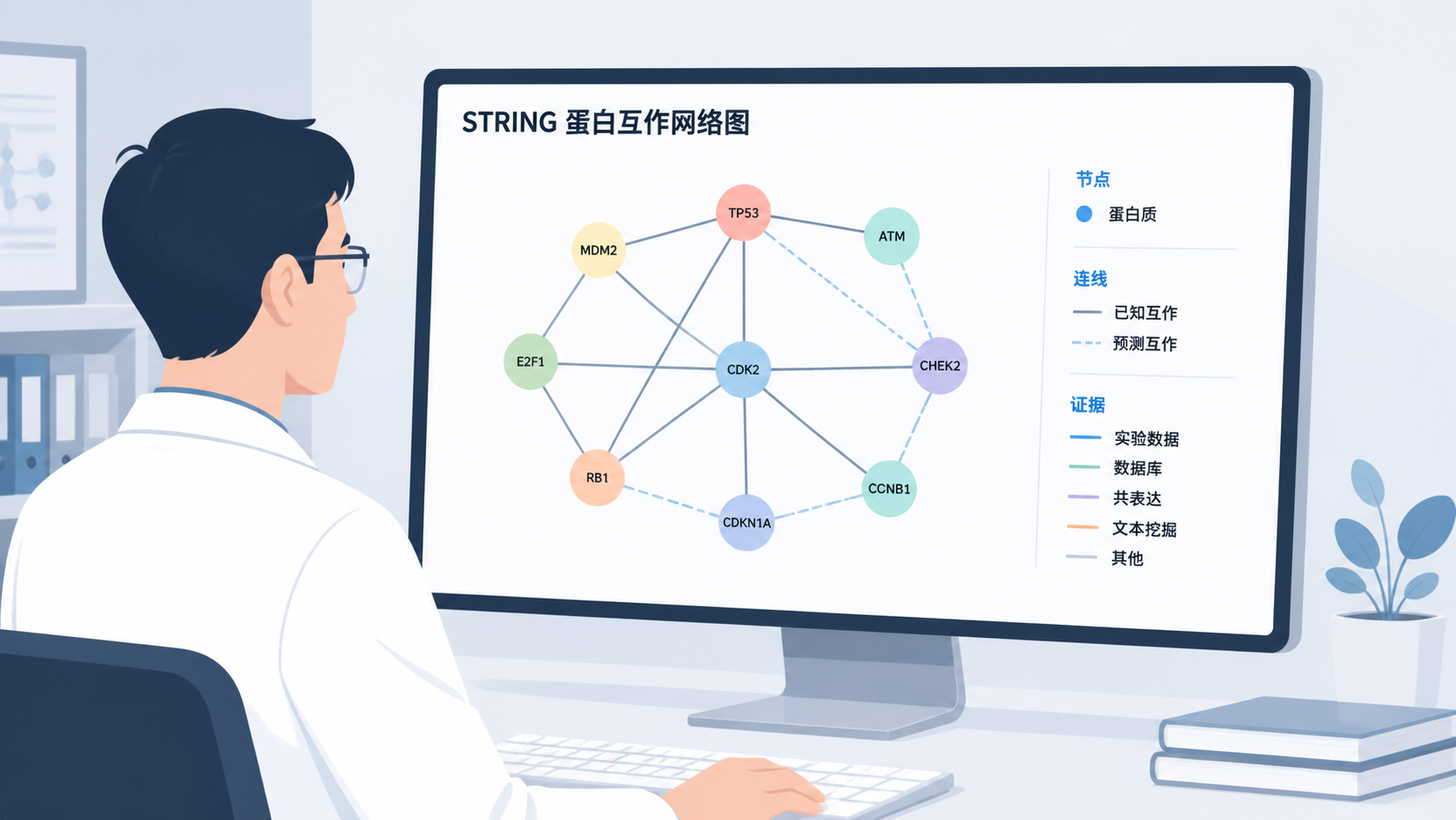 科研人员在电脑前查看STRING蛋白互作网络图，旁边展示节点、连线和证据图例的简洁示意图