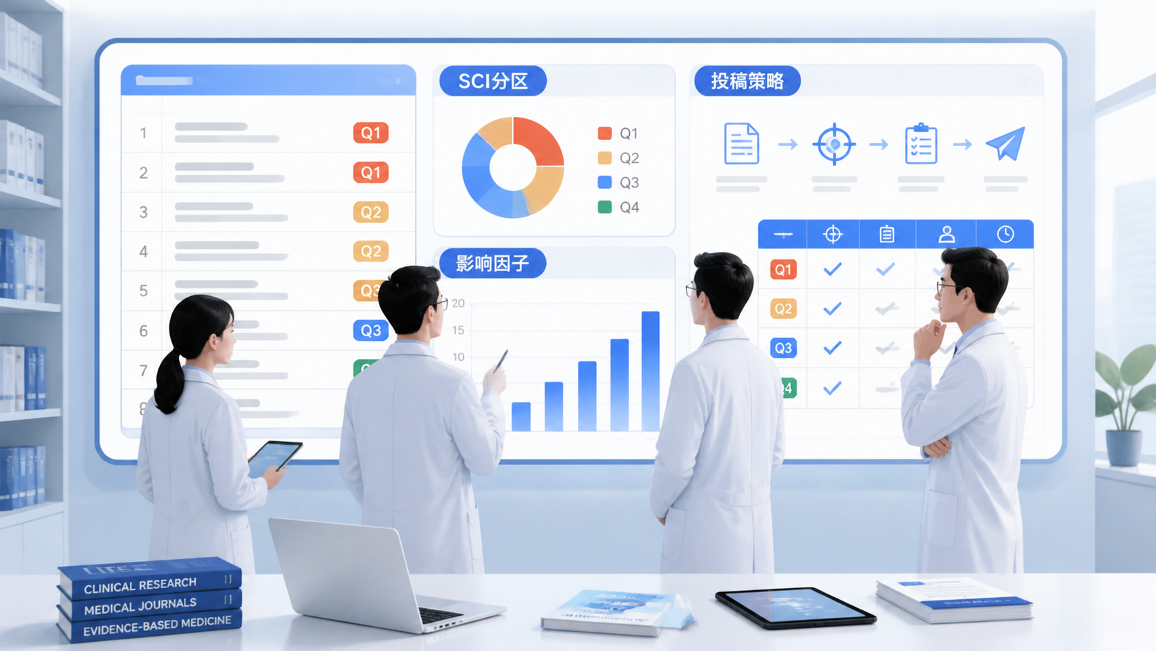 科研人员在期刊数据库前比对SCI期刊分区、影响因子和投稿策略的场景。