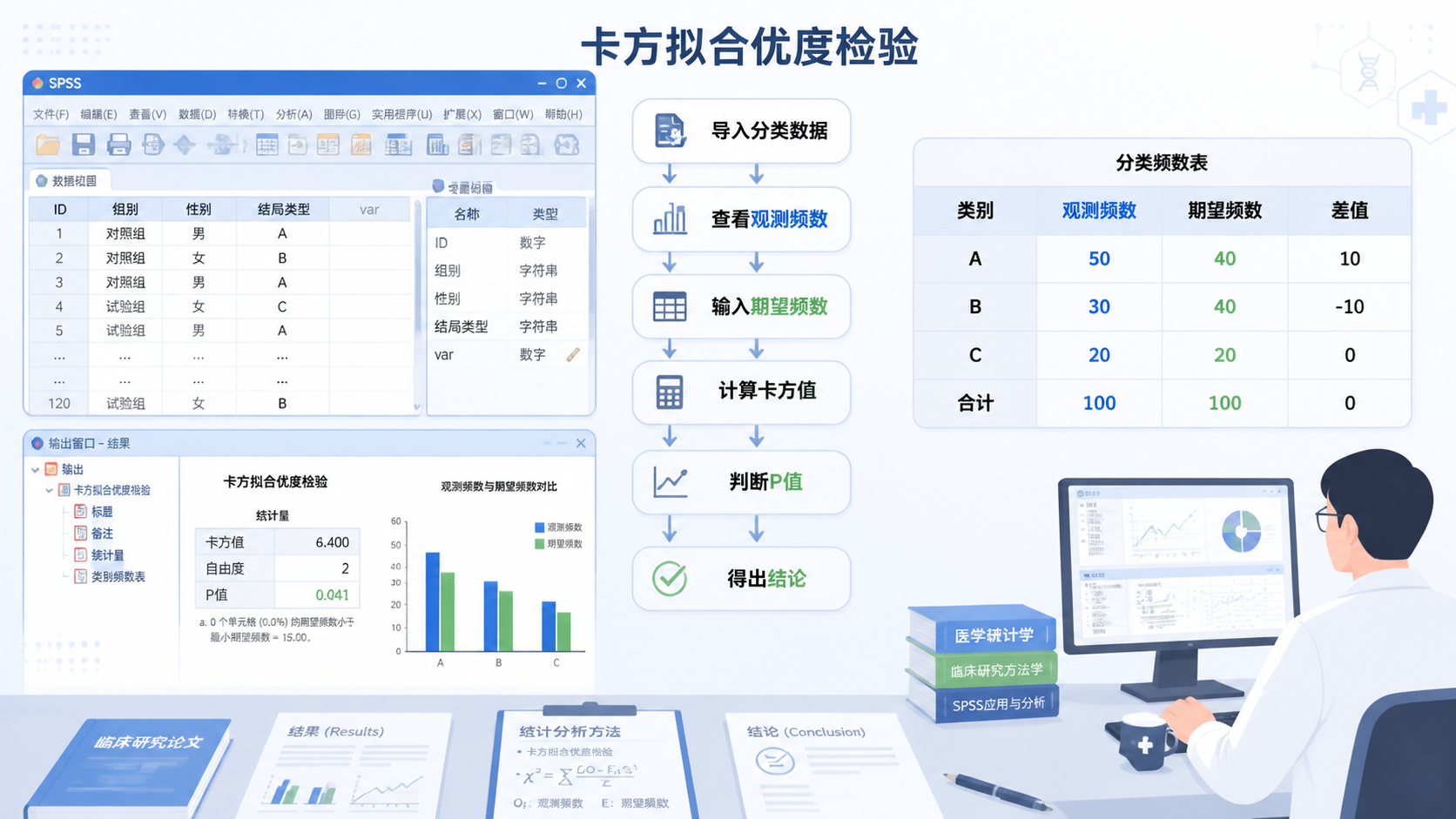 SPSS软件界面与卡方拟合优度检验流程示意图，旁边配有分类频数表和论文数据分析场景