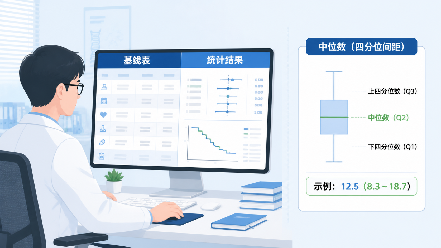 临床科研人员在电脑前整理基线表与统计结果，旁边展示“中位数（四分位间距）”格式示例，突出规范写作与科研效率
