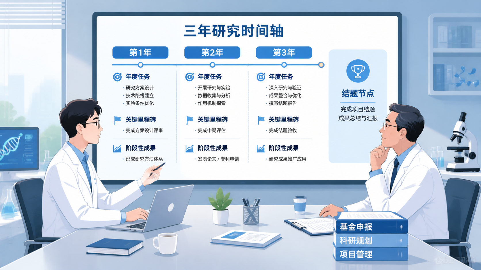 科研人员与导师讨论基金标书，屏幕上展示清晰的三年研究时间轴、年度任务分解和项目结题节点，画面强调“期限规划”和“申报优化”。
