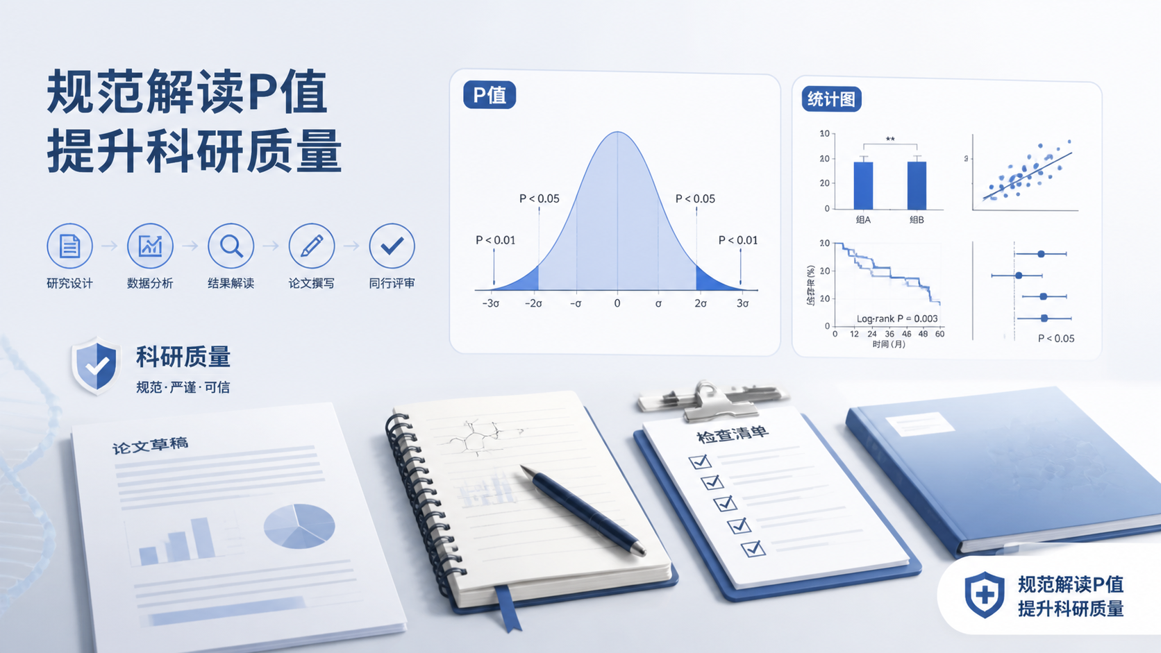 医学科研写作工作台，旁边有统计图、论文草稿、检查清单和品牌标识，传达“规范解读P值、提升科研质量”的收束感。