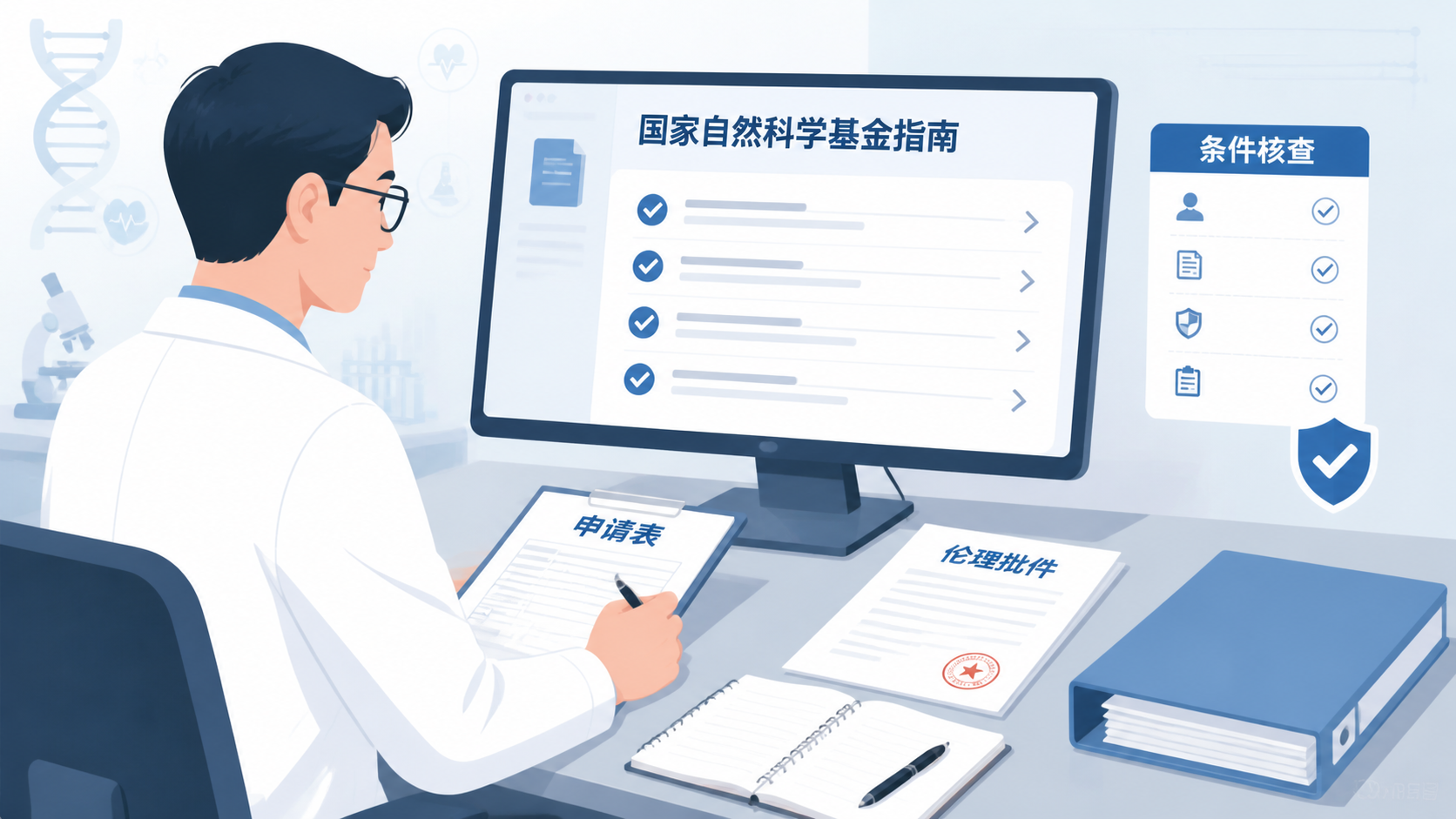 一位医生在电脑前核对国家自然科学基金指南，旁边放着申请表、伦理批件和笔记本，体现申报前的条件核查场景