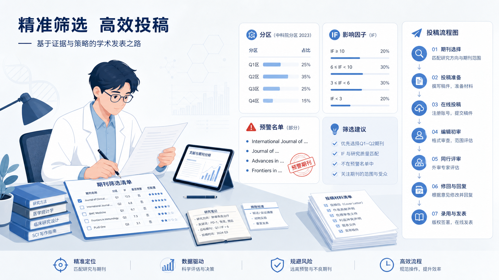 研究者在桌面上整理期刊筛选清单，旁边显示分区、影响因子、预警名单和投稿流程图，整体风格专业简洁