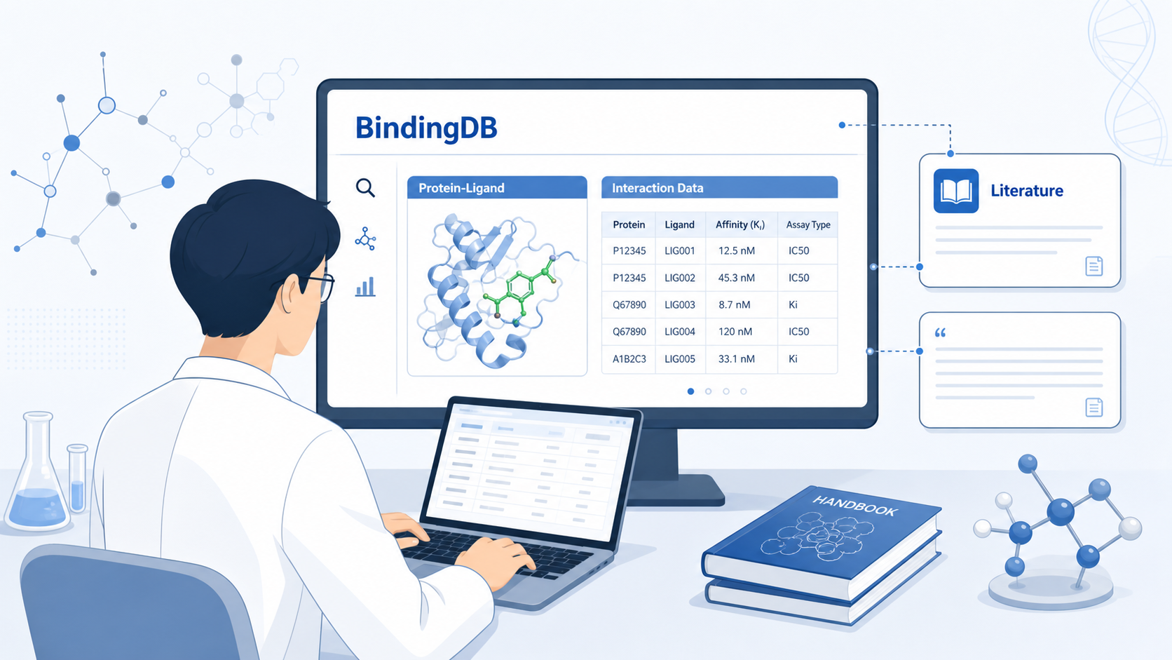 科研人员在电脑前检索分子相互作用数据，旁边展示BindingDB界面、蛋白-配体结构示意图和文献整理流程图。