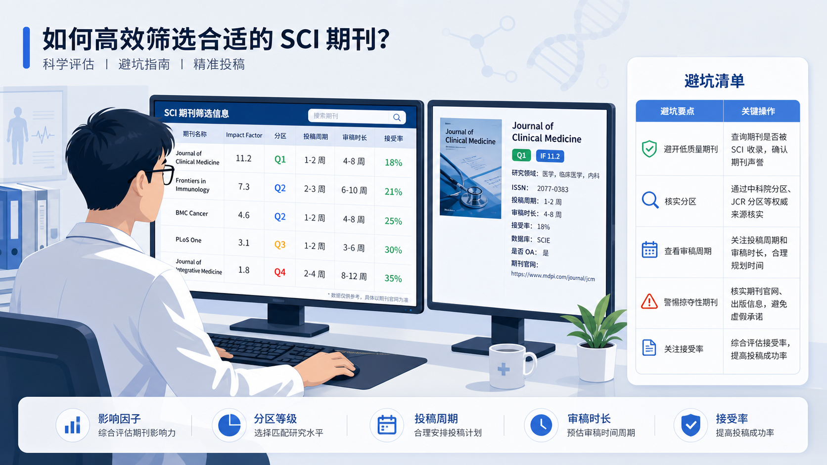 医学生在电脑前筛选SCI期刊，屏幕上同时显示影响因子、分区和投稿周期，旁边有“避坑清单”表格。
