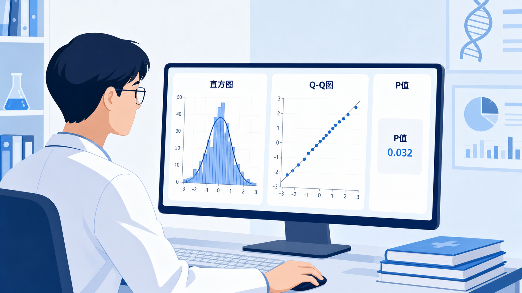 医学生在电脑前查看SPSS输出,旁边显示直方图、Q-Q图和P值结果的临床统计场景。