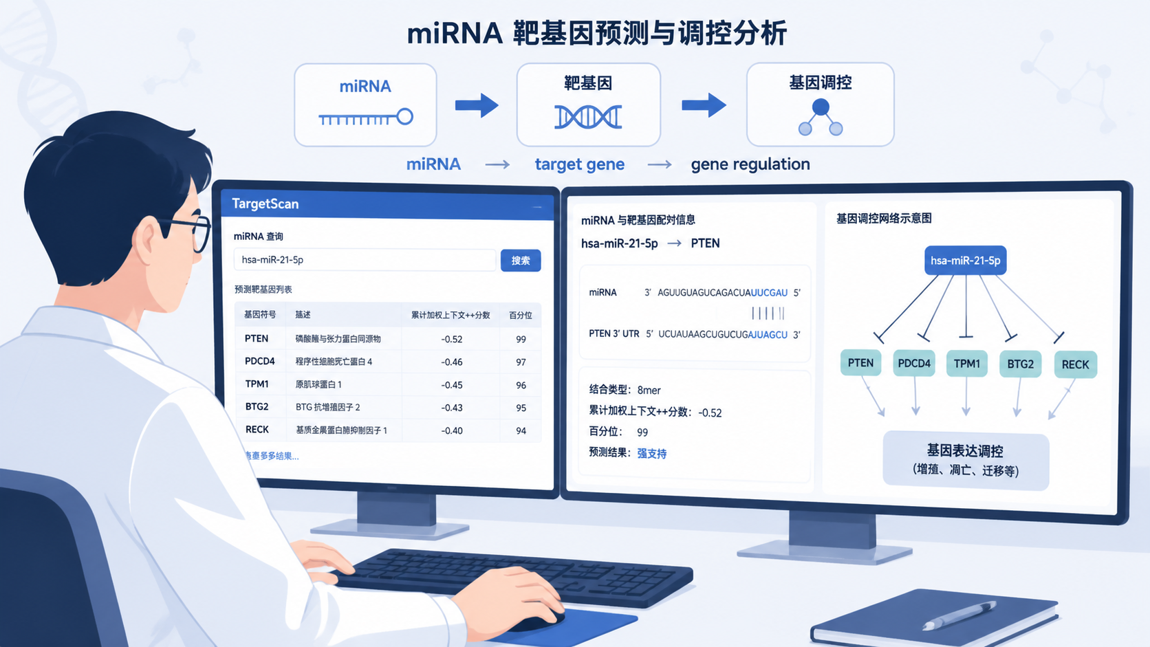 科研人员在电脑前查看miRNA靶基因预测结果，屏幕上展示TargetScan数据库界面和基因调控网络图