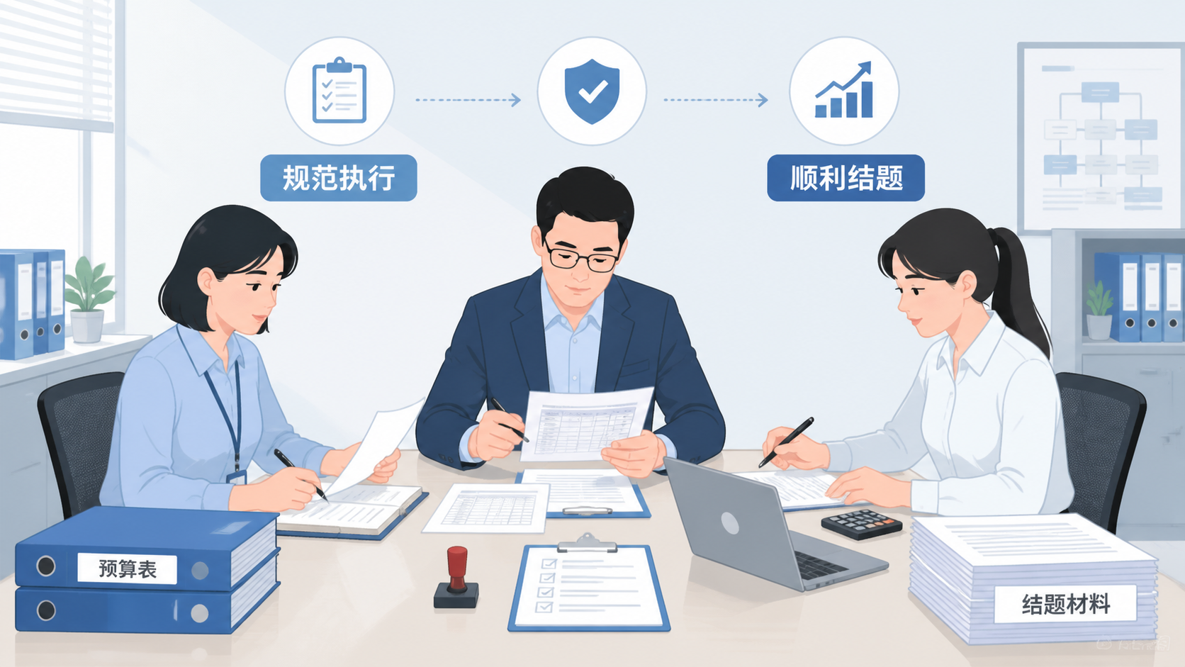 项目负责人、科研秘书与财务人员围绕预算表和结题材料讨论，突出“规范执行、顺利结题”的闭环场景