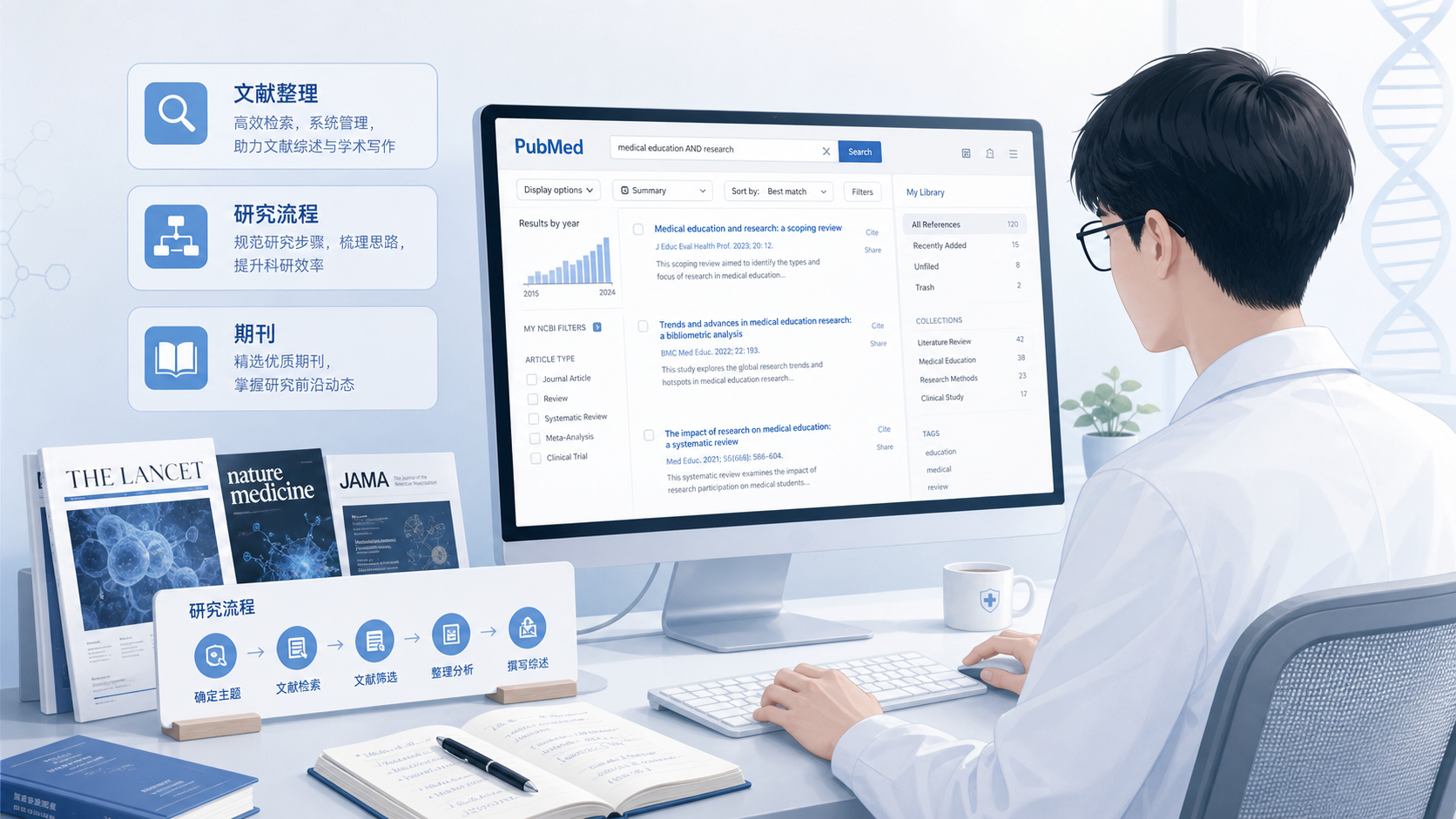 医学生在电脑前整理文献、旁边有期刊封面和研究流程图的专业场景图