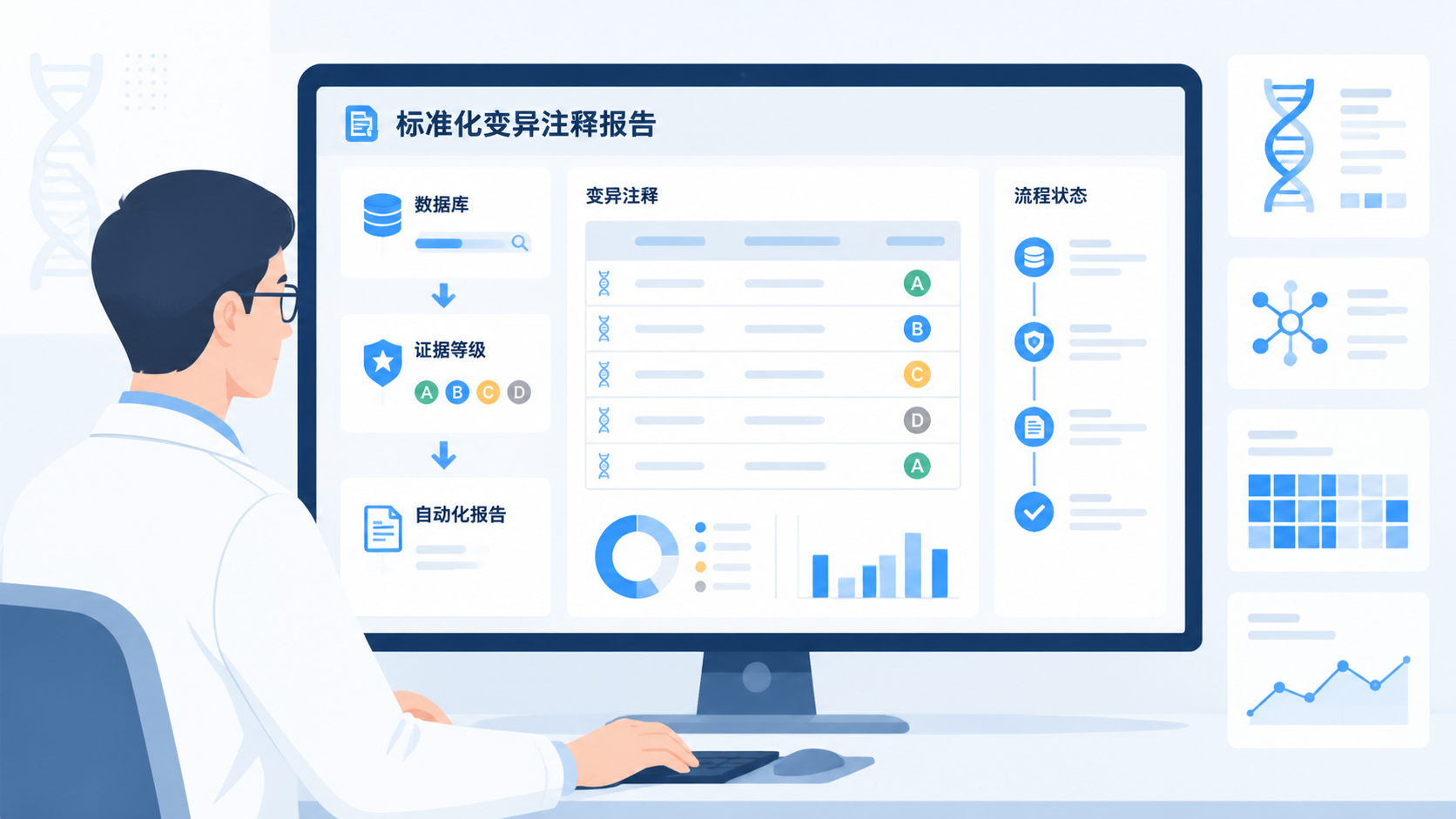 临床医生在电脑前查看标准化变异注释报告，旁边显示数据库、证据等级和自动化报告输出界面，突出效率与规范化。