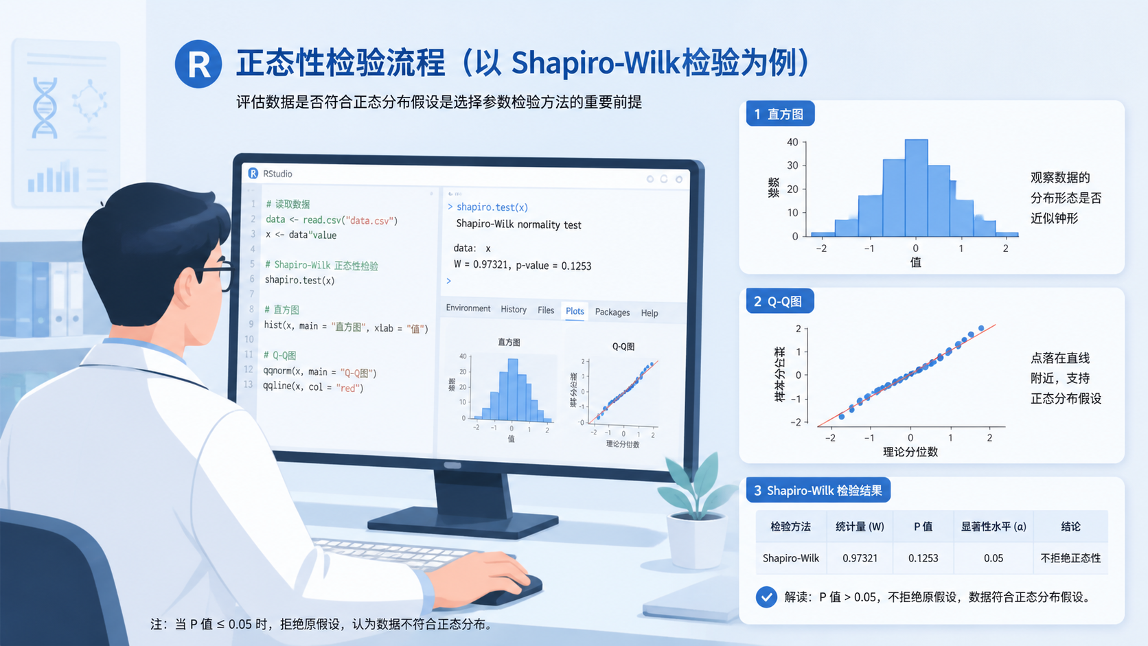 科研人员在电脑前整理R语言分析结果，旁边展示直方图、Q-Q图和Shapiro-Wilk检验表格，整体风格专业、简洁
