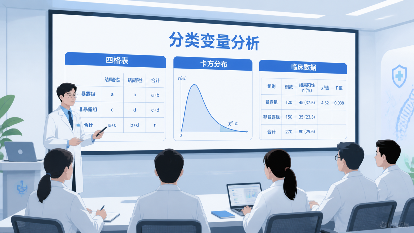 医学统计课堂场景，屏幕上显示四格表、卡方分布曲线和临床研究数据表，突出分类变量分析场景
