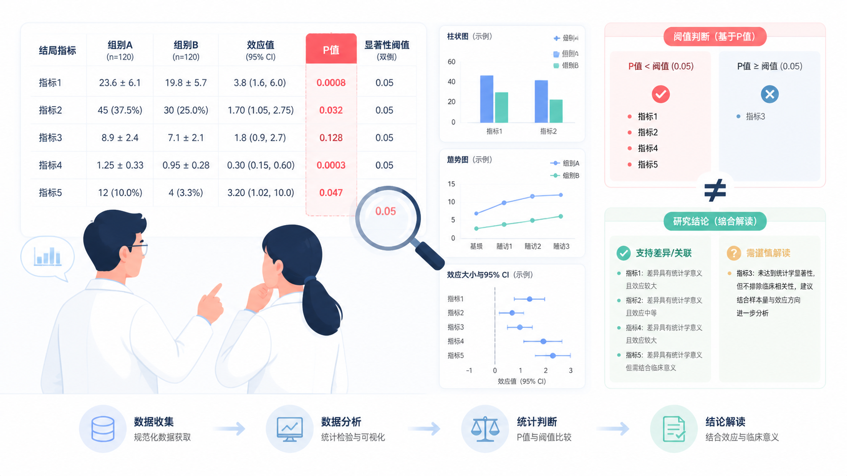 科研人员在论文表格前讨论P值，旁边有放大镜和统计图，突出“阈值判断”与“研究结论”之间的差异。