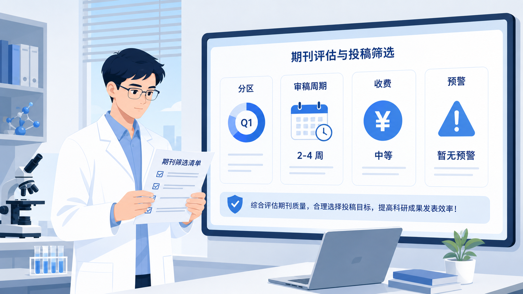 一位科研人员手持期刊筛选清单，屏幕上显示分区、审稿周期、收费、预警标识。