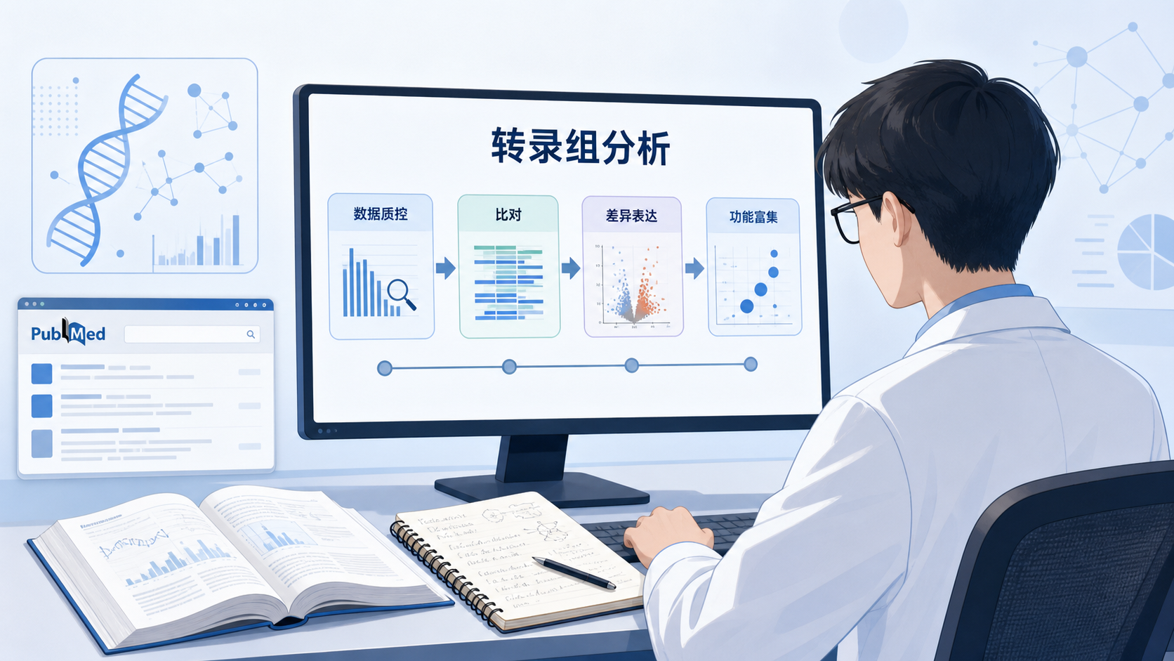 一位医学生在电脑前查看转录组分析流程图，旁边有文献、笔记本和数据库界面，突出“路径化学习”的科研场景