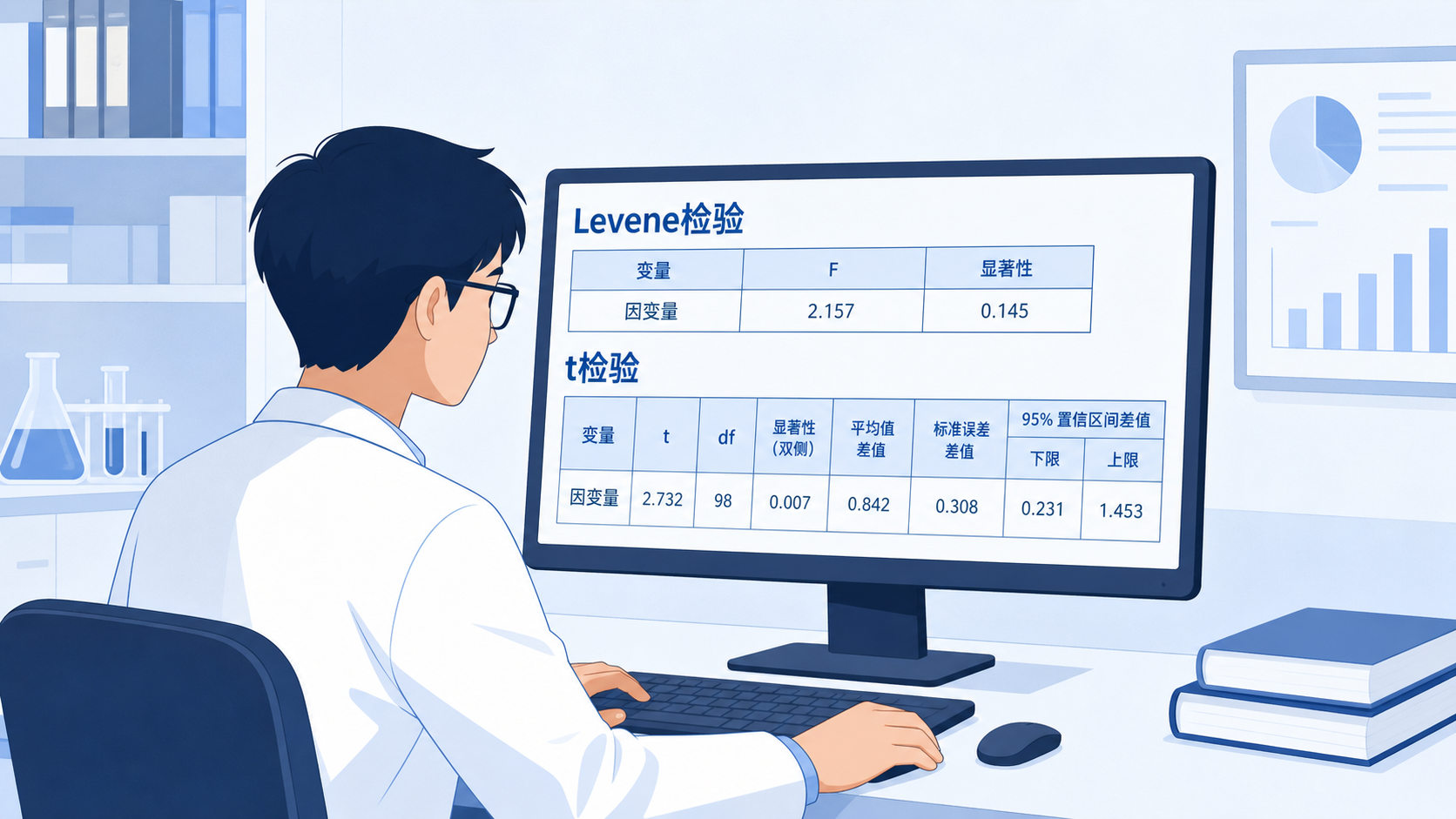 医学生在电脑前查看SPSS输出结果，旁边显示Levene检验和t检验表格，突出统计分析场景。
