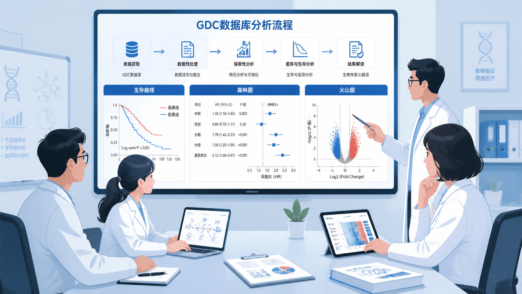 科研团队围绕电脑屏幕讨论GDC数据库分析流程，屏幕中展示生存曲线、森林图和火山图，氛围专业、协作感强。
