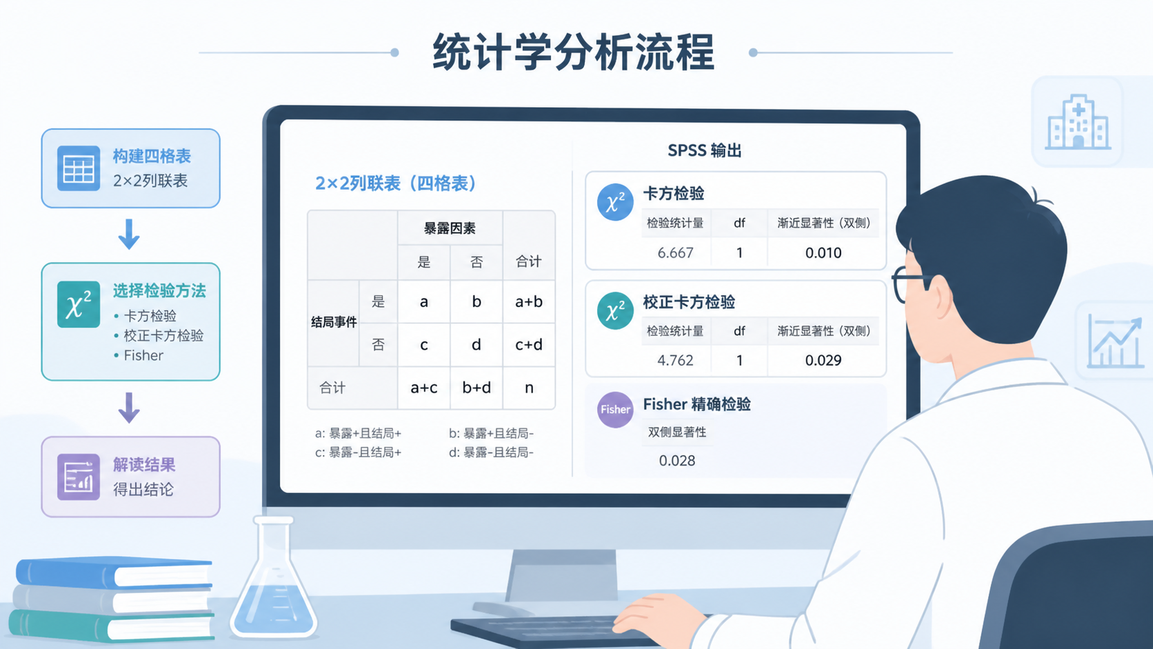 临床科研人员在电脑前查看四格表和SPSS输出结果，旁边标注“卡方检验、校正卡方检验、Fisher确切概率法”