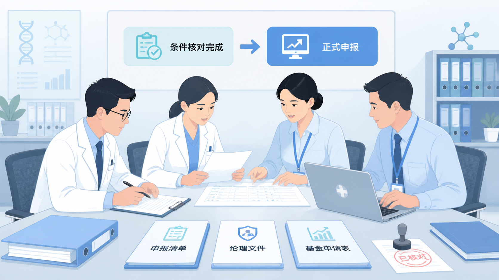 科研人员与医院科研管理人员共同查看申报清单、伦理文件和基金申请表，体现条件核对完成后进入正式申报的专业场景