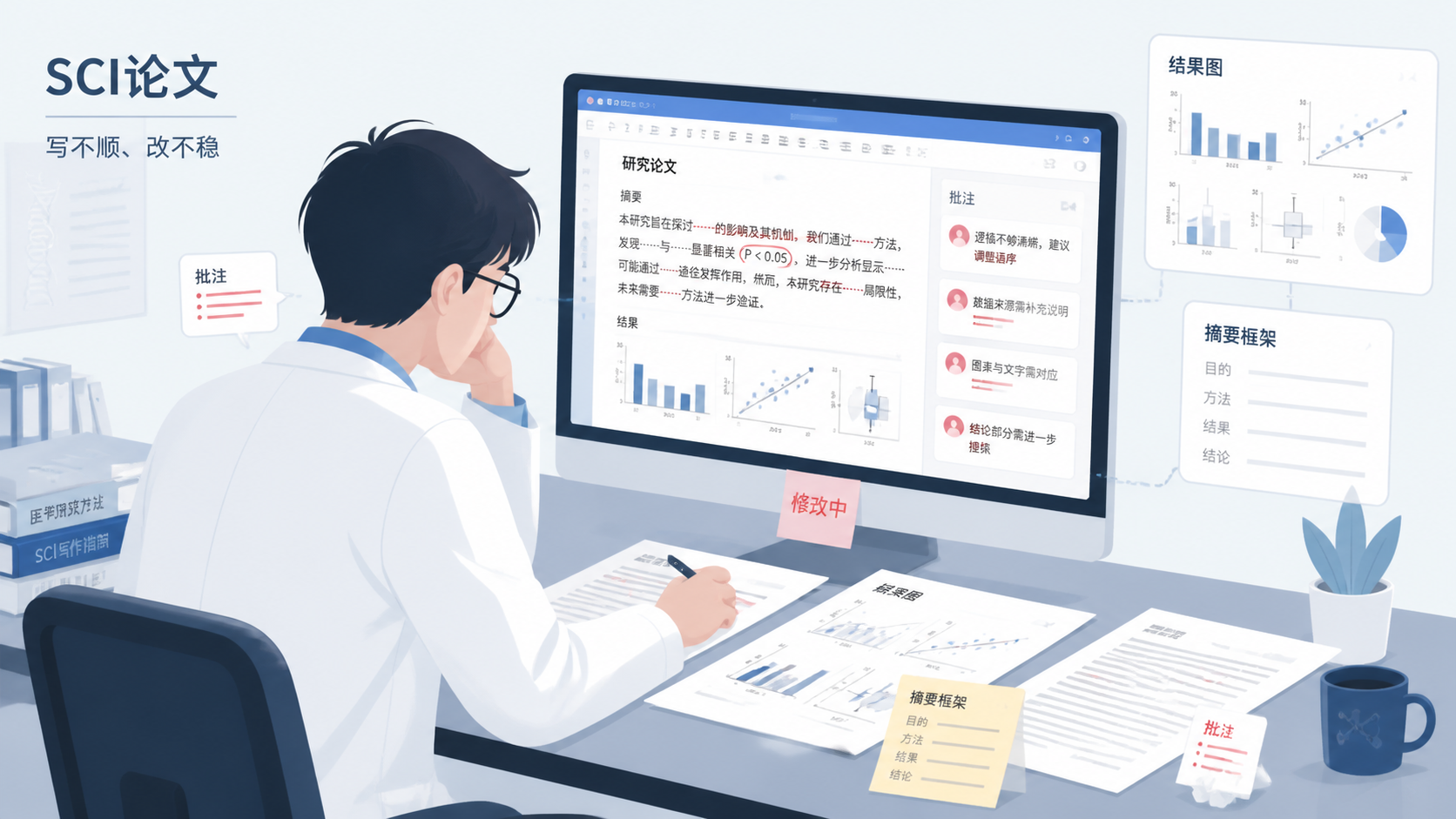 医学生或科研人员在电脑前修改SCI论文，旁边有结果图、摘要框架和批注，突出“写不顺、改不稳”的痛点场景。